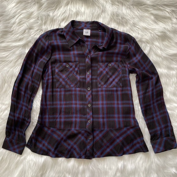 CAbi Flannel Peplum Top Plaid Check Button Down Shirt Ruffle Hem Medium - Picture 2 of 11